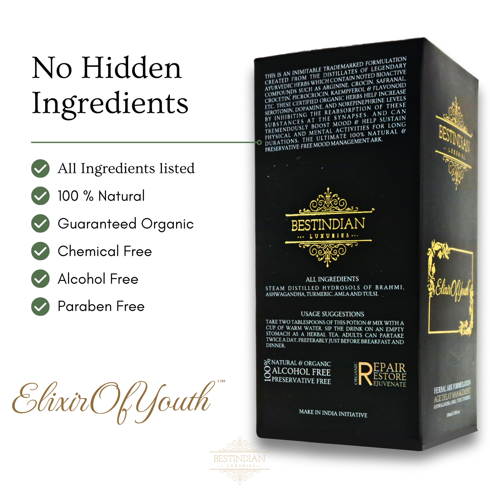 A checklist showing that no hidden ingredients are present in the Elixir of Youth potion. 100% natural, organic, chemical-free, alcohol-free, and paraben-free.