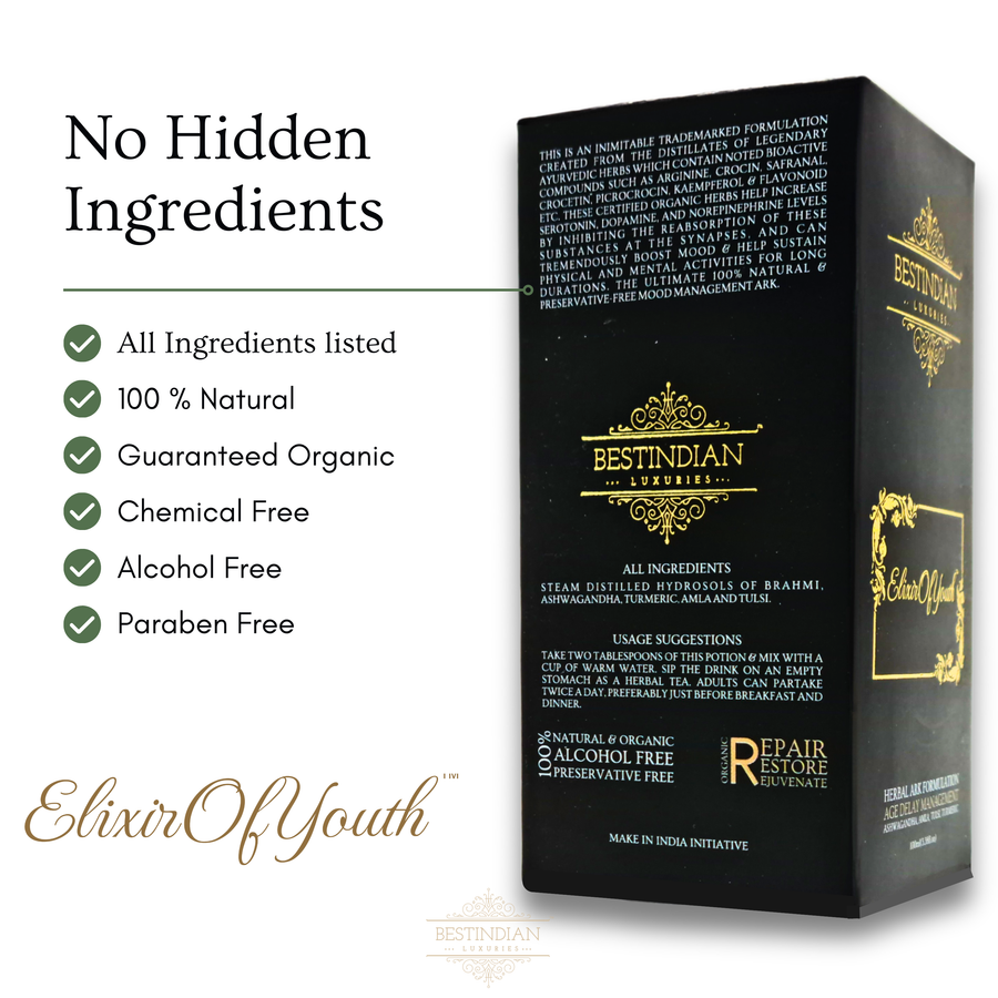 A checklist showing that no hidden ingredients are present in the Elixir of Youth potion. 100% natural, organic, chemical-free, alcohol-free, and paraben-free.