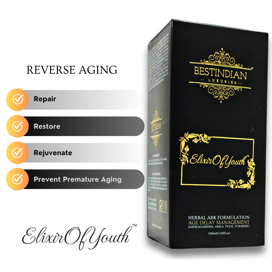An infographic detailing the benefits of the Elixir of Youth potion to reverse aging by repairing, restoring, and rejuvenating the body.