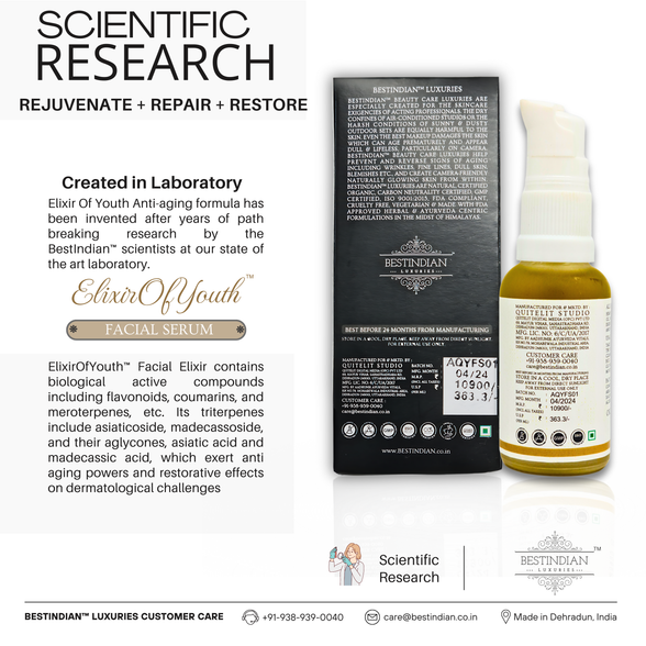 Detailing the scientific research and bioactive compounds like flavonoids and triterpenes in the Elixir of Youth anti-aging facial serum.