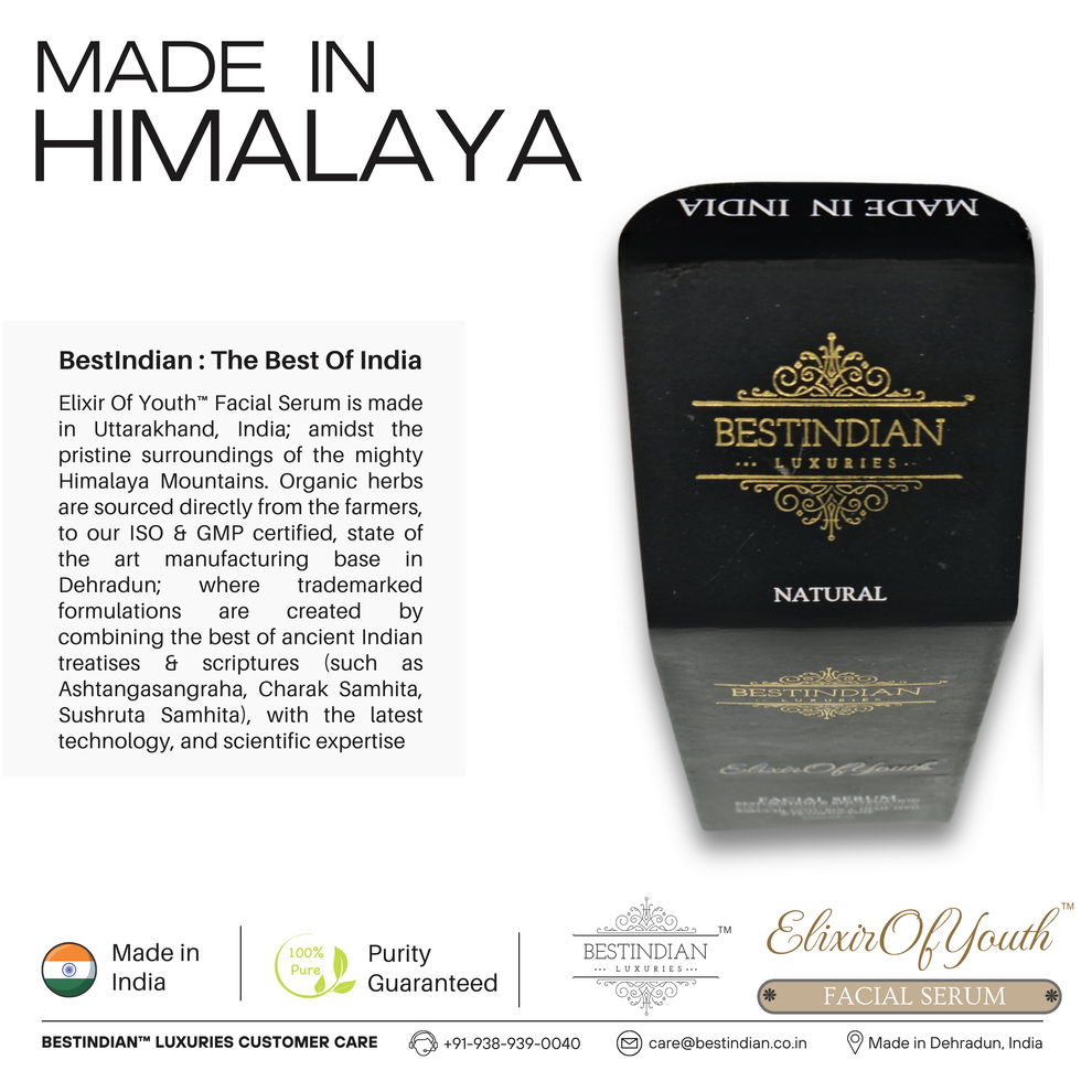 Infographic highlighting that the Elixir of Youth serum is made in the Himalayas in Uttarakhand, India, with organic herbs and purity guaranteed.
