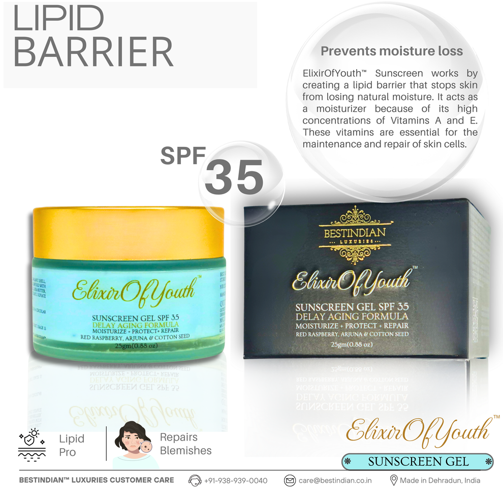 Detailing how the Elixir of Youth Sunscreen Gel with SPF 35 creates a lipid barrier to prevent moisture loss and repair skin cells.