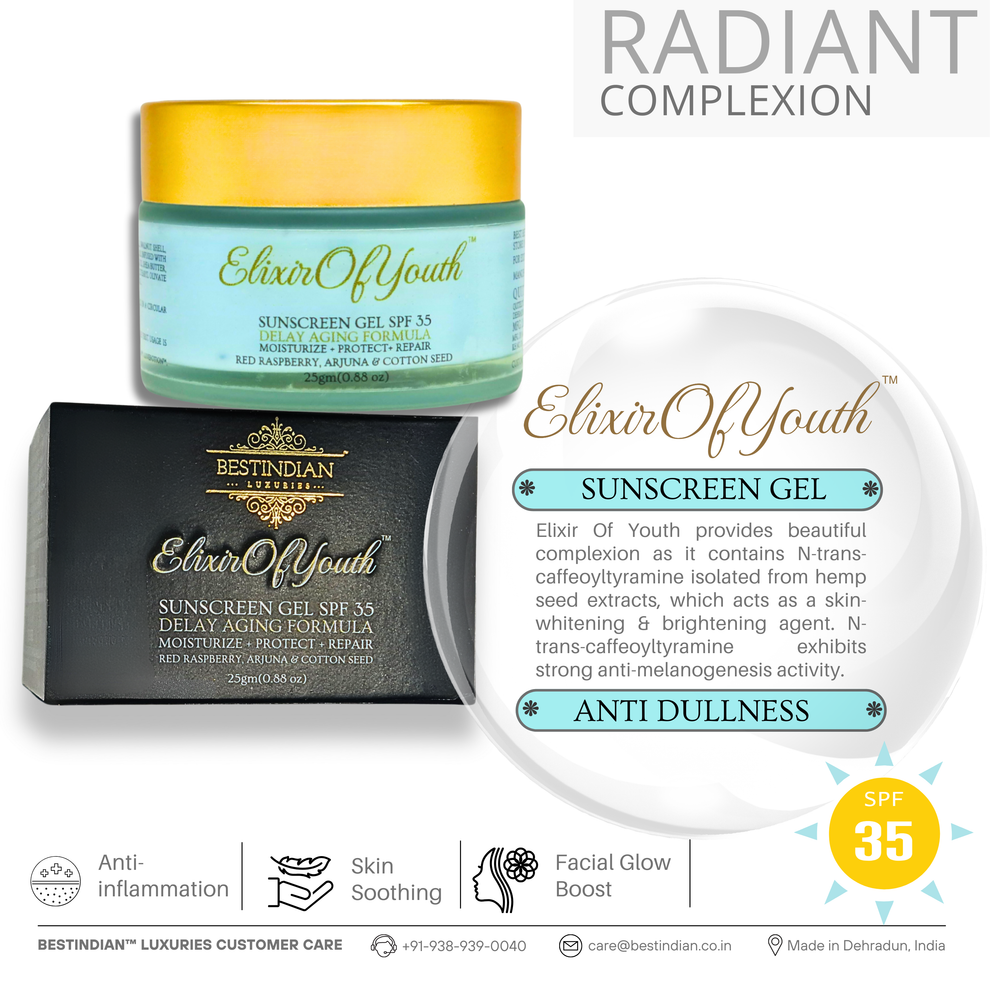 Highlighting the radiant complexion and anti-dullness benefits of the Elixir of Youth Sunscreen Gel due to its skin-whitening and brightening agents.