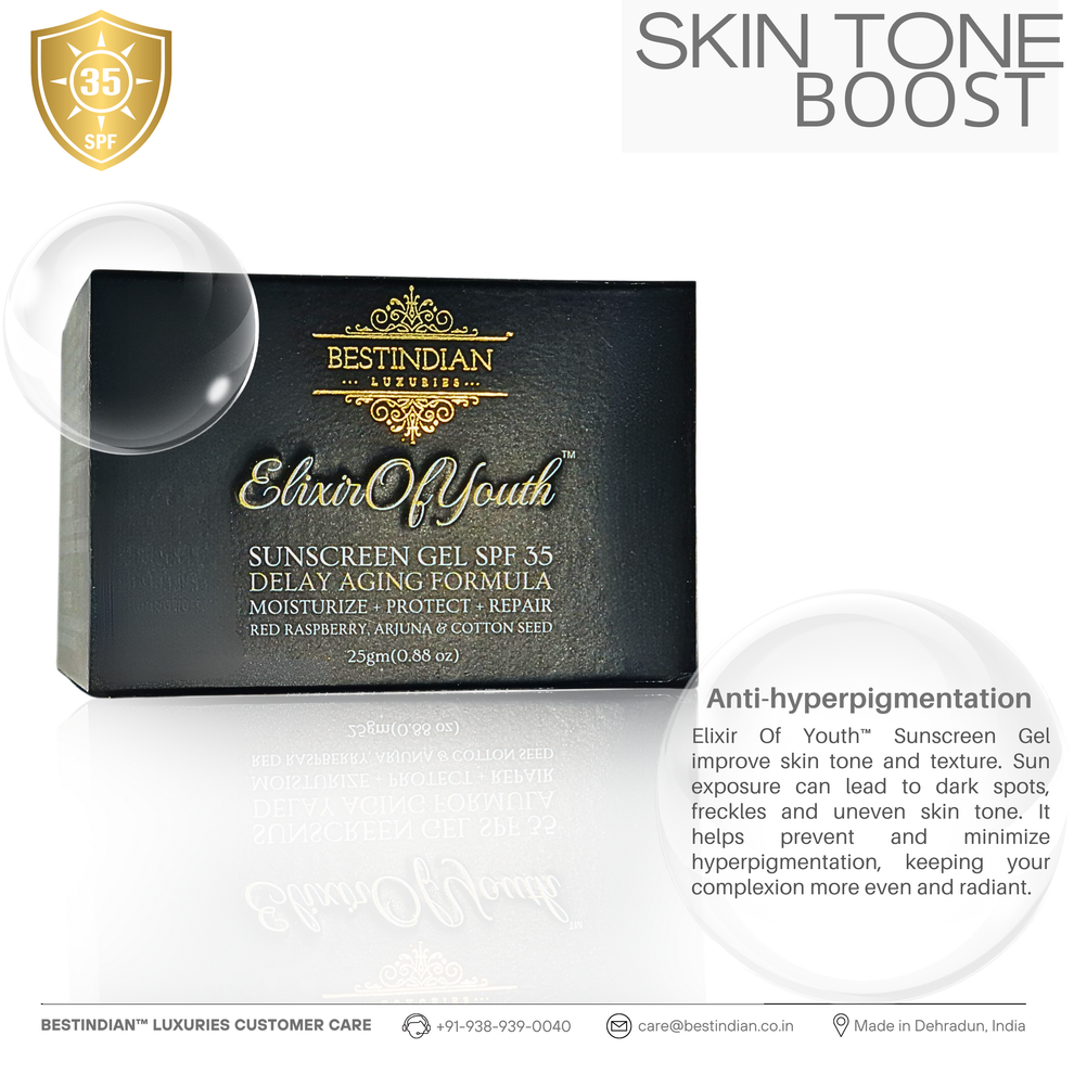 Detailing how the Elixir of Youth sunscreen boosts skin tone and helps prevent hyperpigmentation, dark spots, and freckles.