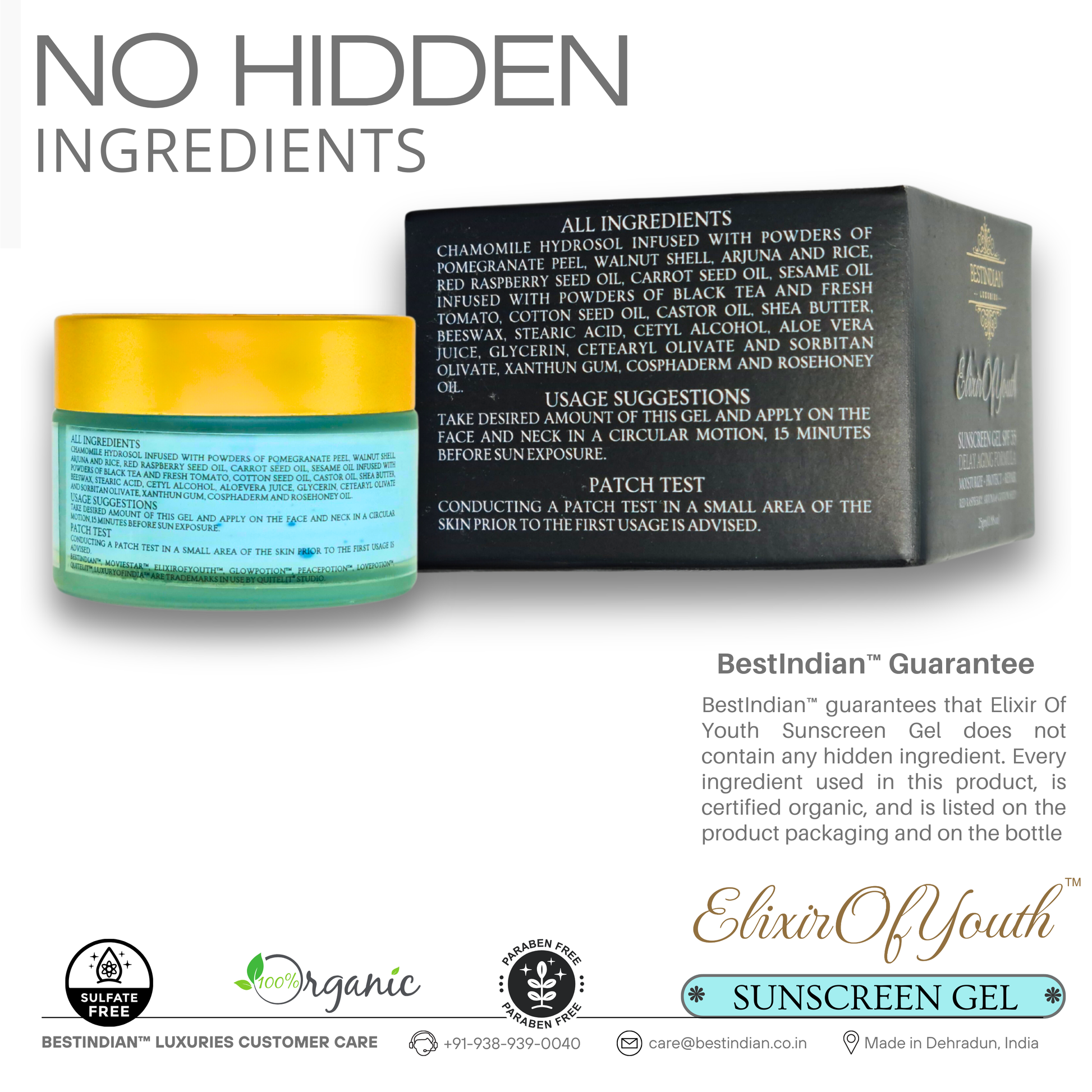 The BestIndian guarantee of no hidden ingredients in the Elixir of Youth sunscreen, showing the full, natural ingredient list and certifications.