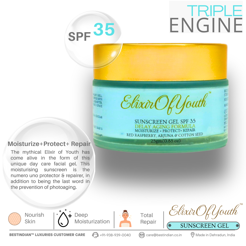 Detailing the triple engine benefits of the Elixir of Youth sunscreen gel: Moisturize, Protect, and Repair for total skin care.