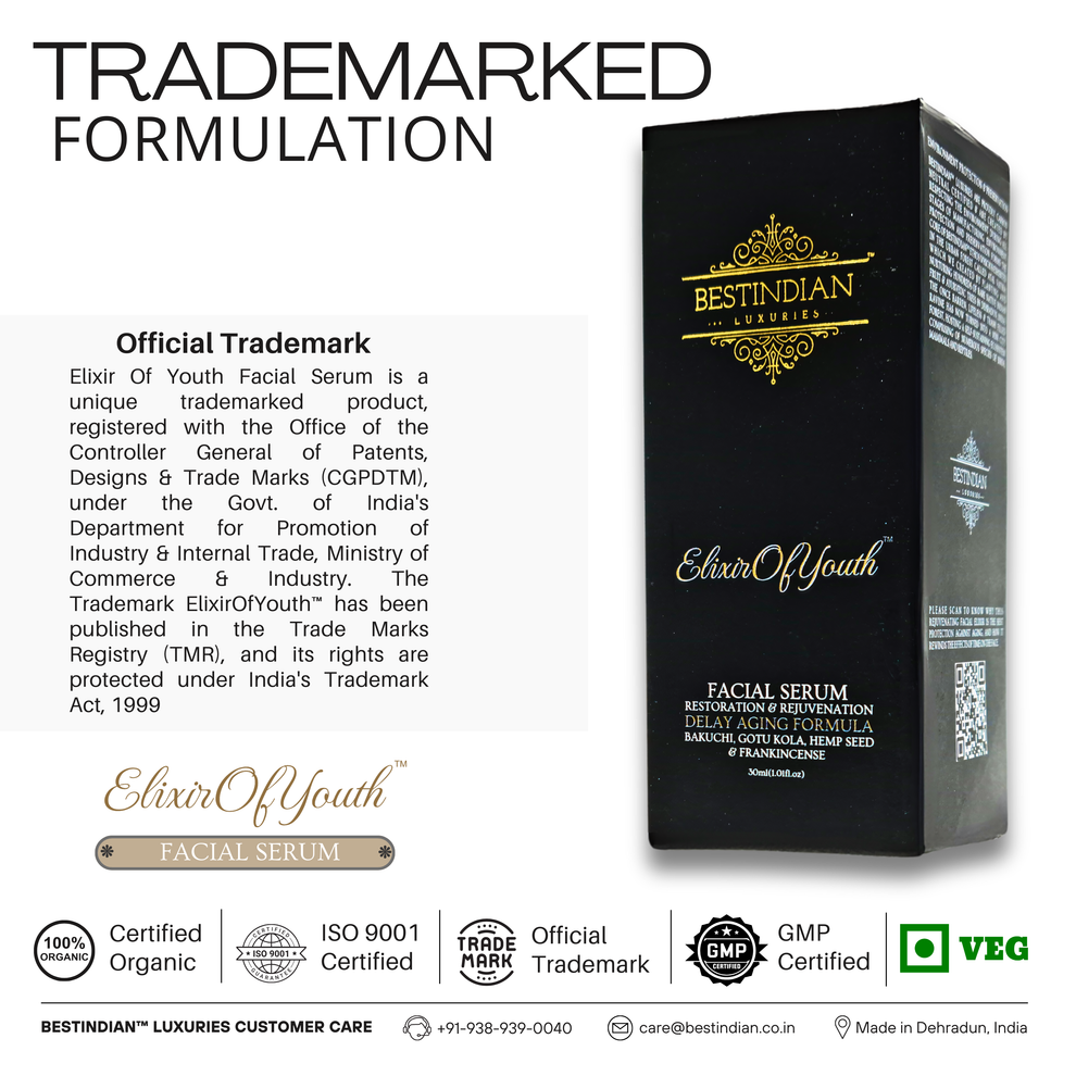 Highlighting the official trademark of the Elixir of Youth unique formulation, with its certified organic and GMP certifications.