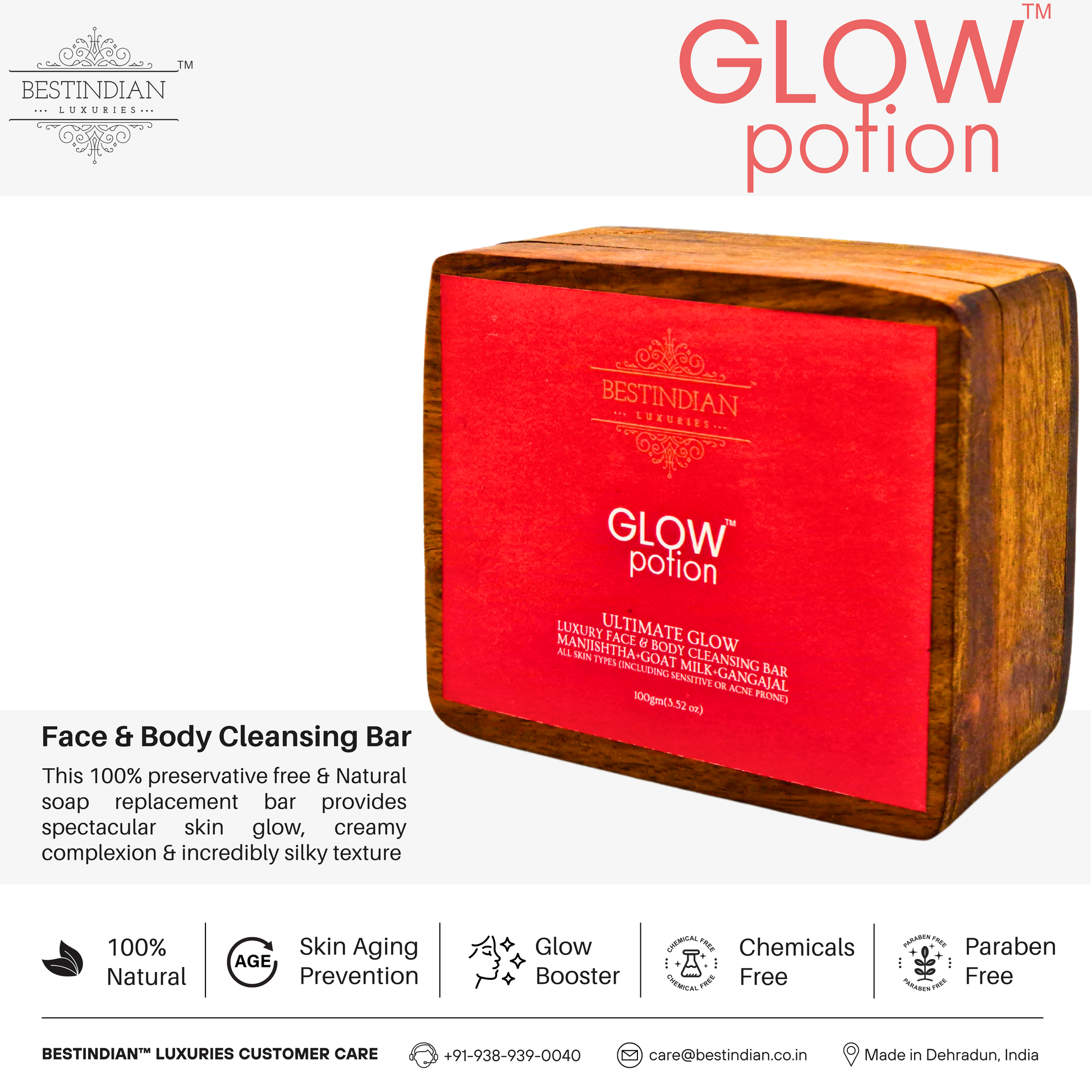 The Glow Potion natural soap highlighting its benefits, including being a glow booster, preventing skin aging, and being 100% natural and paraben-free.