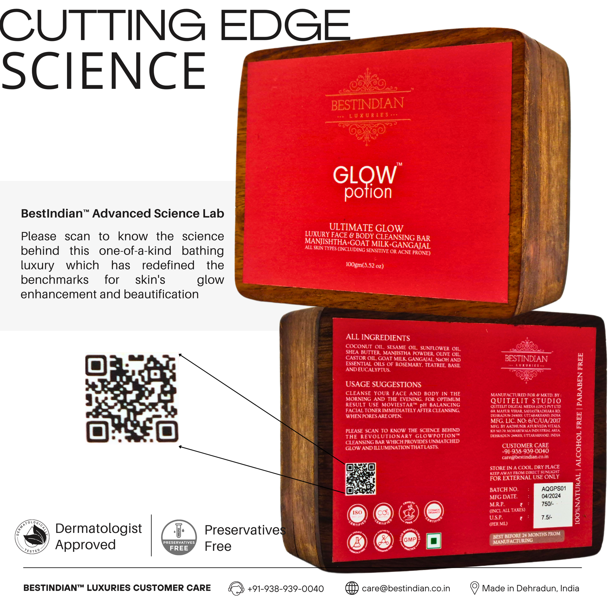 Showcasing the cutting-edge science behind the dermatologist-approved Glow Potion soap, with a QR code to learn more about its skin glow enhancement technology.