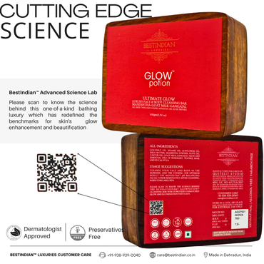 Showcasing the cutting-edge science behind the dermatologist-approved Glow Potion soap, with a QR code to learn more about its skin glow enhancement technology.