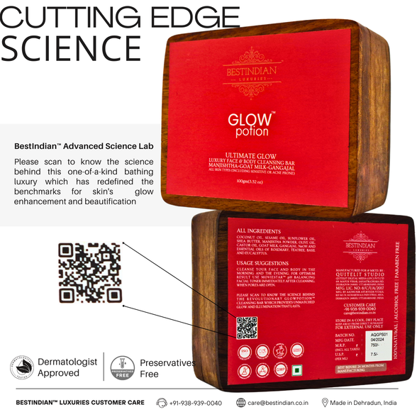 Showcasing the cutting-edge science behind the dermatologist-approved Glow Potion soap, with a QR code to learn more about its skin glow enhancement technology.