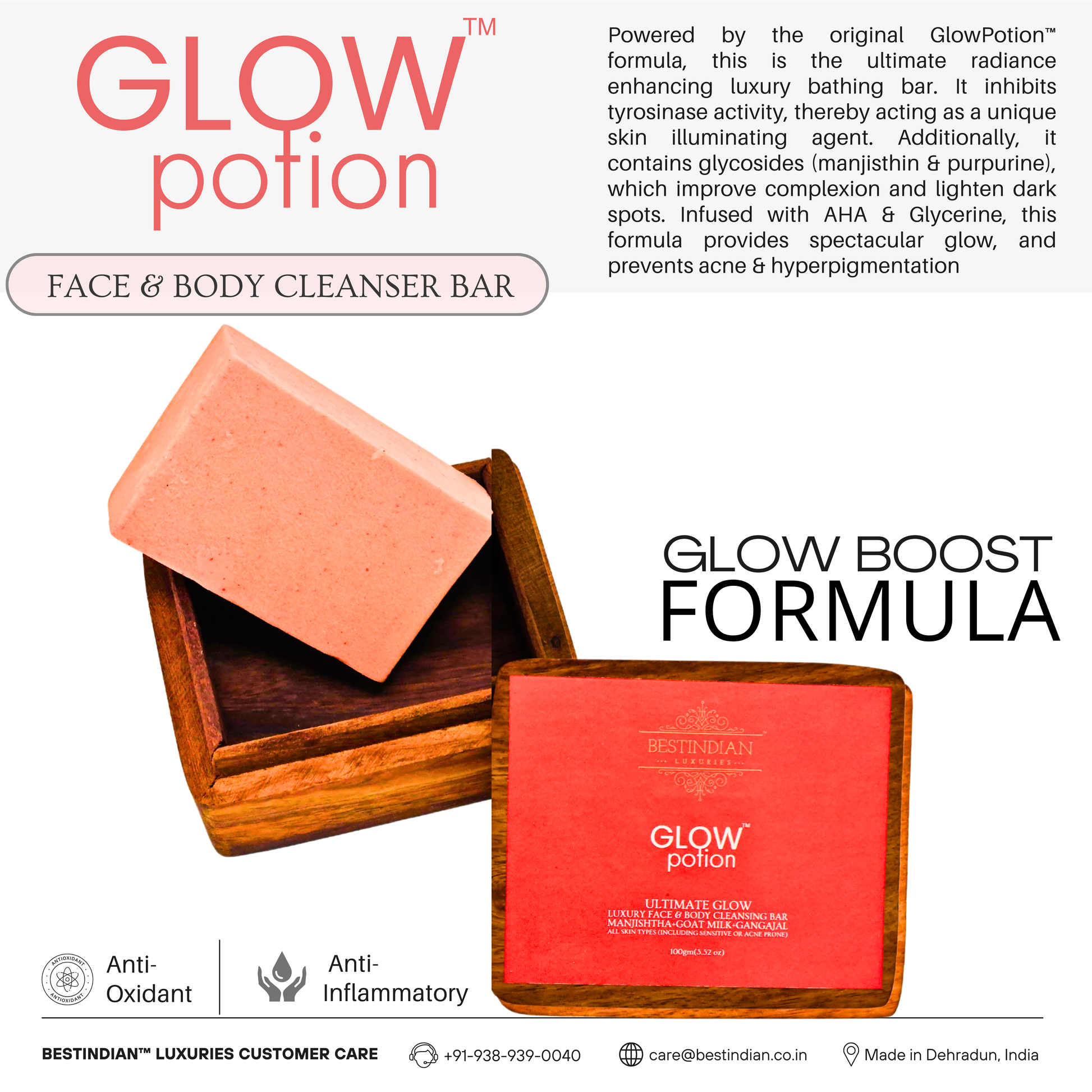 Infographic explaining the Glow Boost Formula of Glow Potion soap, which lightens dark spots and acts as a skin illuminating agent.