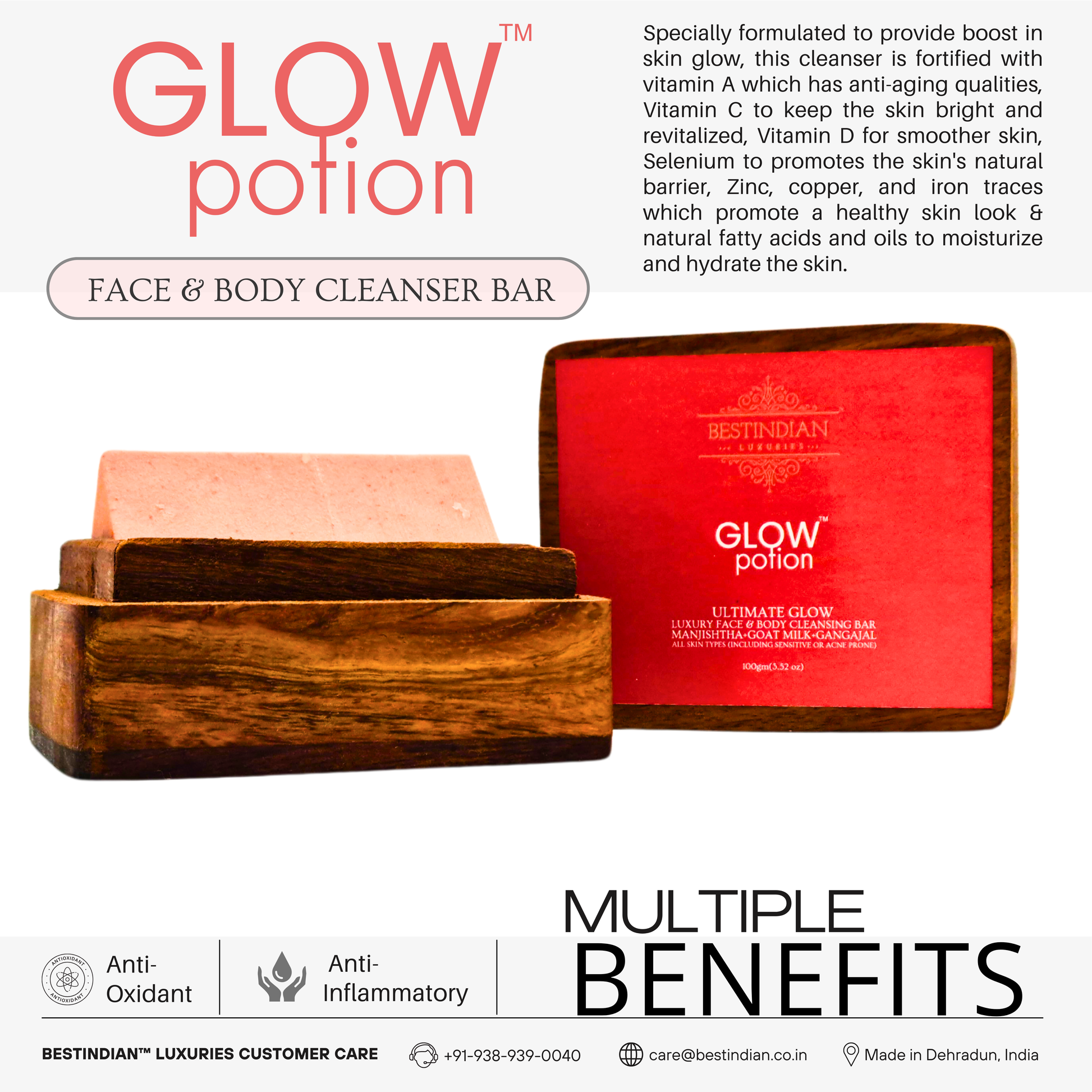 An infographic listing the multiple benefits of Glow Potion soap for skin glow, including anti-aging vitamins and skin-protecting minerals.
