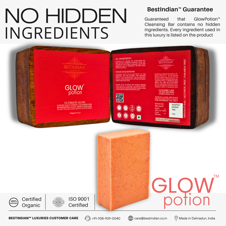 An infographic for Glow Potion soap guaranteeing no hidden ingredients, showing the full ingredient list on the back of the wooden box and its certified organic icon.