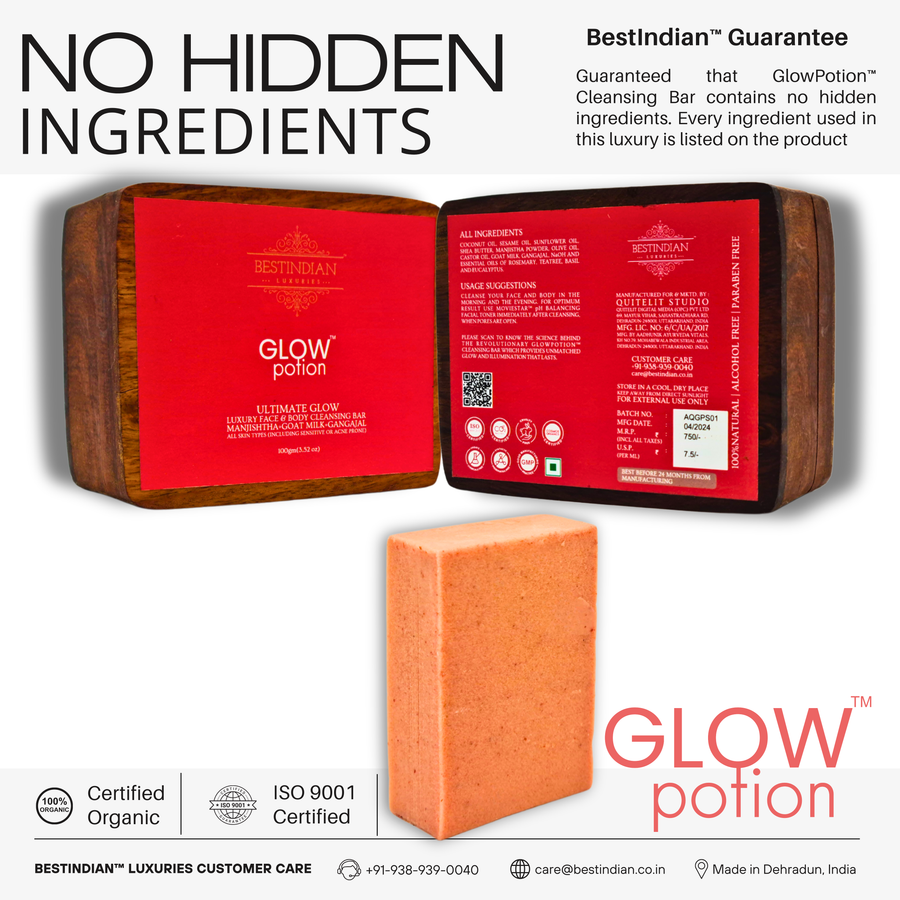 An infographic for Glow Potion soap guaranteeing no hidden ingredients, showing the full ingredient list on the back of the wooden box and its certified organic icon.