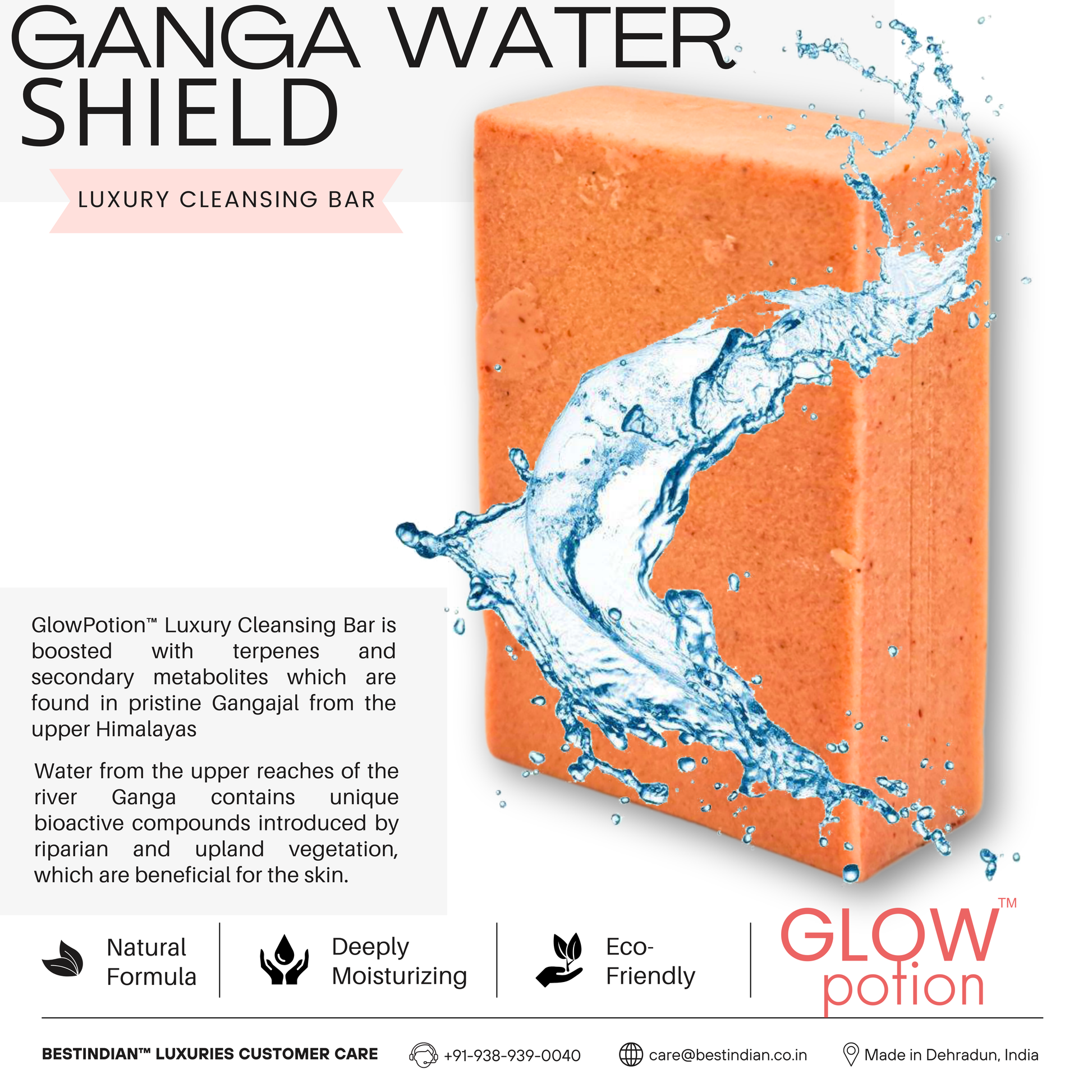 An image illustrating the Ganga Water Shield in Glow Potion soap, highlighting its natural and deeply moisturizing formula.