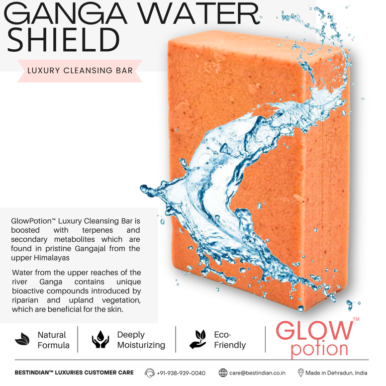 An image illustrating the Ganga Water Shield in Glow Potion soap, highlighting its natural and deeply moisturizing formula.