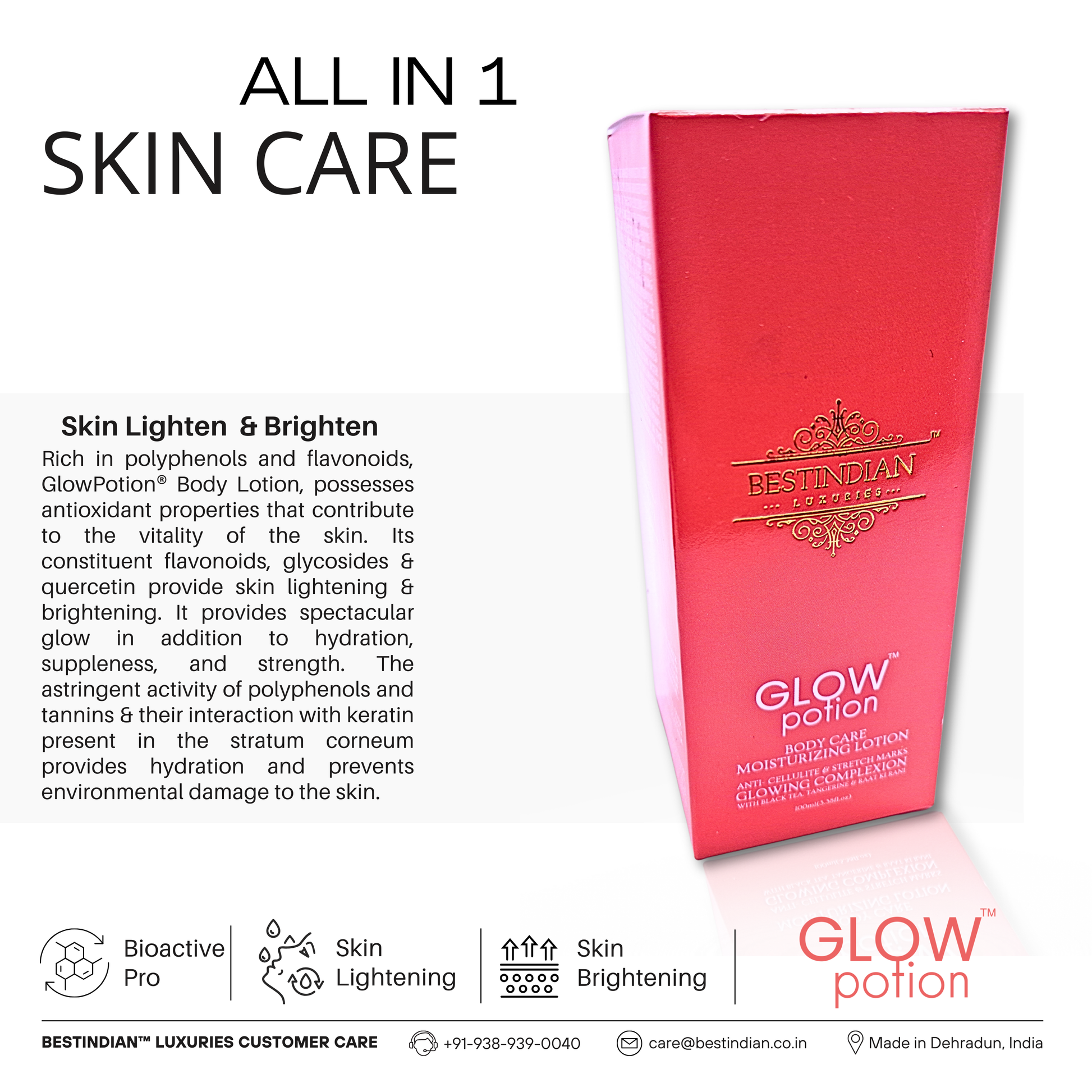 GlowPotion™ Body Lotion by BestIndian™, an all-in-one natural and ayurvedic body moisturizer rich in polyphenols, flavonoids, and quercetin for skin lightening, brightening, hydration, and protection against environmental damage.