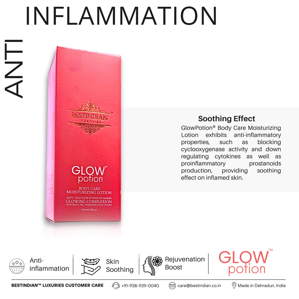 GlowPotion™ Body Lotion by BestIndian™, displaying anti-inflammatory properties for skin soothing, hydration, and rejuvenation boost using an organic, ayurvedic, and science-backed formula.