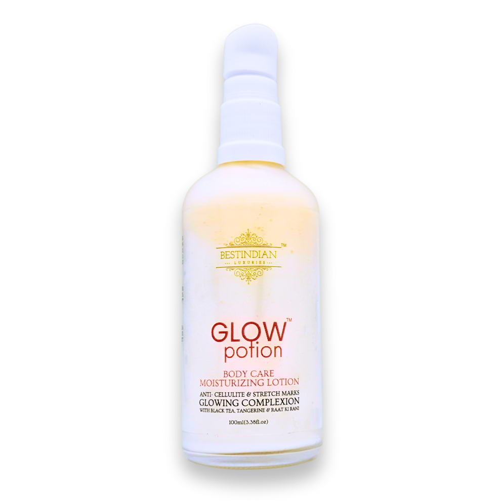 GlowPotion™ Body Care Moisturizing Lotion by BestIndian™, a luxurious ayurvedic body moisturizer for anti-cellulite, stretch marks, and glowing complexion, formulated with black tea, tangerine, and raat ki rani for radiant, hydrated skin.