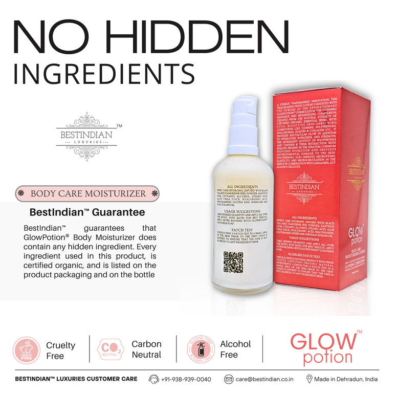 GlowPotion™ Body Lotion by BestIndian™, engineered at BestIndian™ Advanced Science Lab for butter-smooth skin, radiant glow, and total protection from cellulite, stretch marks, and pollution.