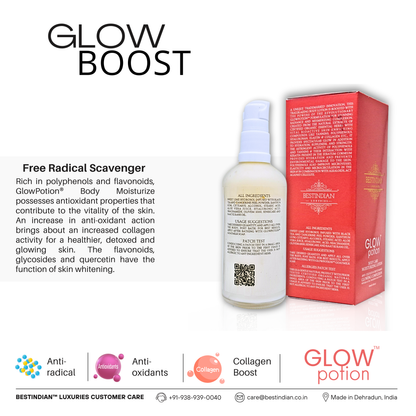 GlowPotion™ Body Lotion by BestIndian™, antioxidant-rich body moisturizer featuring polyphenols, flavonoids, and quercetin to boost collagen, detox skin, and provide radiant whitening and smoothing.