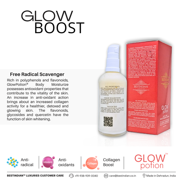 GlowPotion™ Body Lotion by BestIndian™, antioxidant-rich body moisturizer featuring polyphenols, flavonoids, and quercetin to boost collagen, detox skin, and provide radiant whitening and smoothing.
