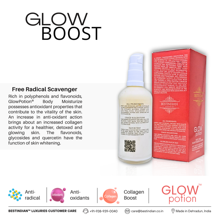 GlowPotion™ Body Lotion by BestIndian™, antioxidant-rich body moisturizer featuring polyphenols, flavonoids, and quercetin to boost collagen, detox skin, and provide radiant whitening and smoothing.