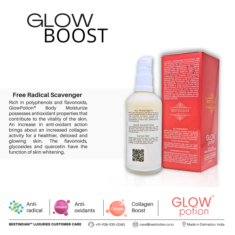 GlowPotion™ Body Lotion by BestIndian™, antioxidant-rich body moisturizer featuring polyphenols, flavonoids, and quercetin to boost collagen, detox skin, and provide radiant whitening and smoothing.