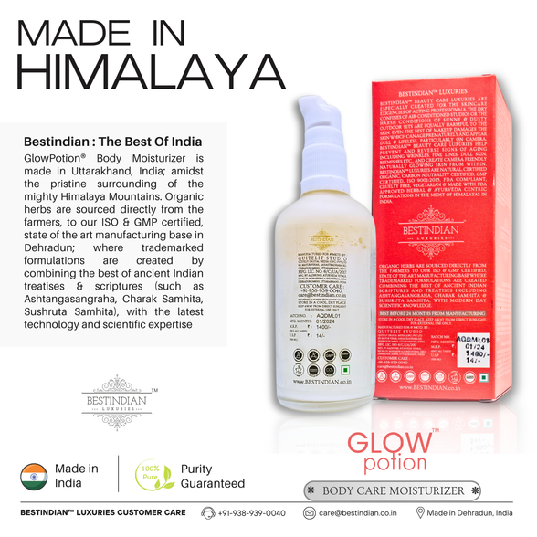 GlowPotion™ Body Lotion by BestIndian™, made in the Himalayan foothills of Uttarakhand, India, using organic herbs and science-backed formulations for pure, luxury body care.