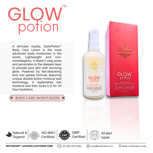 GlowPotion™ Body Lotion by BestIndian™, a fast-absorbing, non greasy, moisturizing body lotion for dry skin that delivers 24-hour hydration, radiant glow, and advanced double-action moisture seal technology for all skin types.