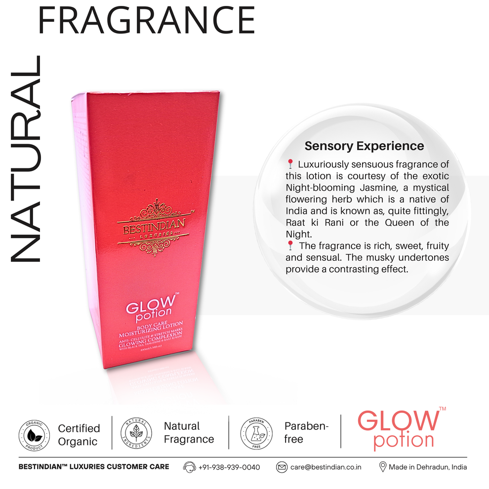 GlowPotion™ Body Lotion by BestIndian™, certified organic, paraben-free body moisturizer with an exotic natural fragrance of night-blooming jasmine (raat ki rani), offering a rich, sweet, and sensual sensory experience.