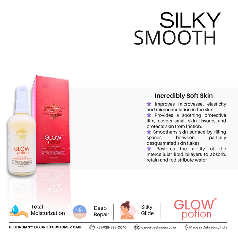 GlowPotion™ Body Lotion by BestIndian™, deep repair and total moisturization formula for silky smooth skin, utilizes microcirculation boost, protective lipid bilayers, and soothing glide technology.