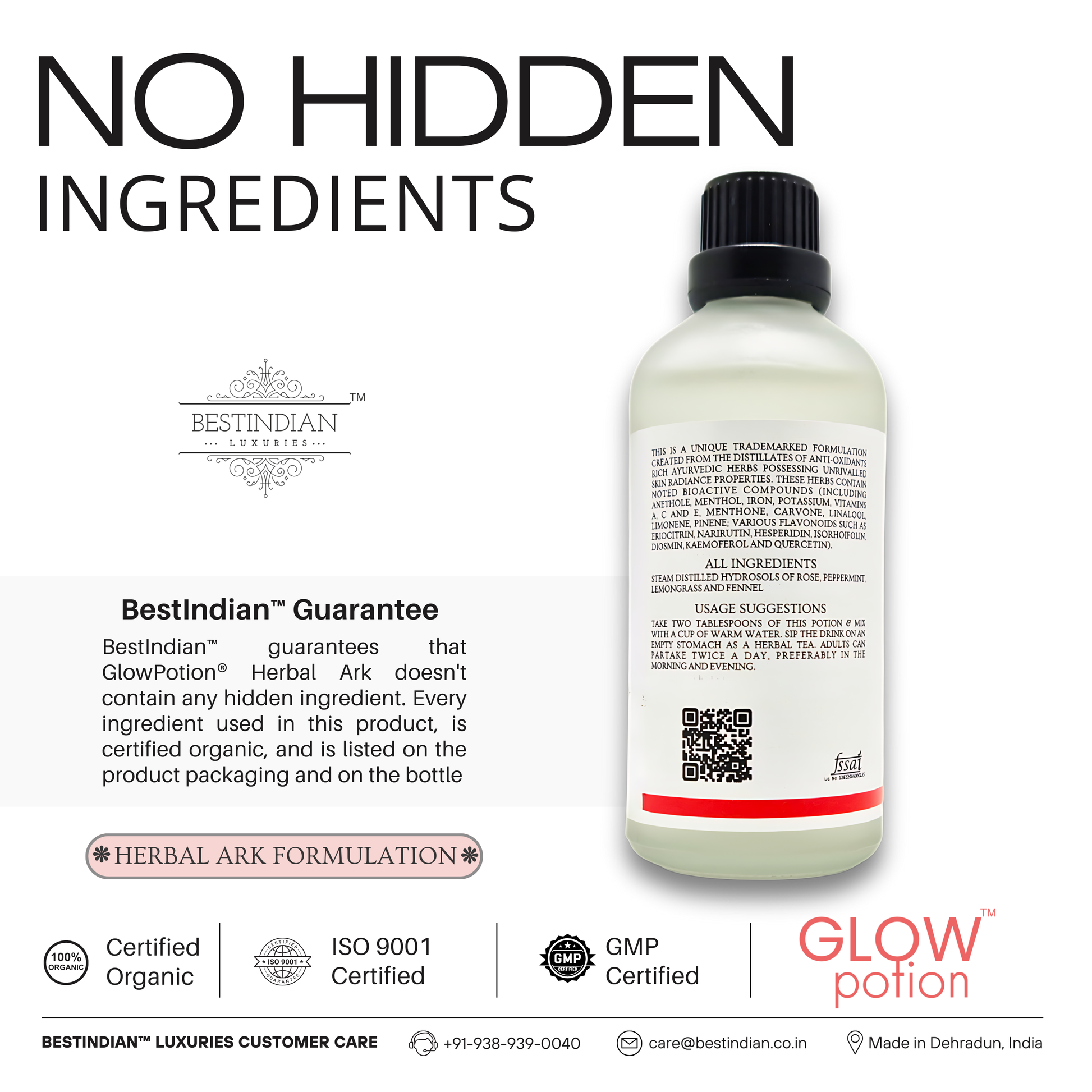 GlowPotion™ clear skin potion with no hidden ingredients, certified organic and fully transparent formula.