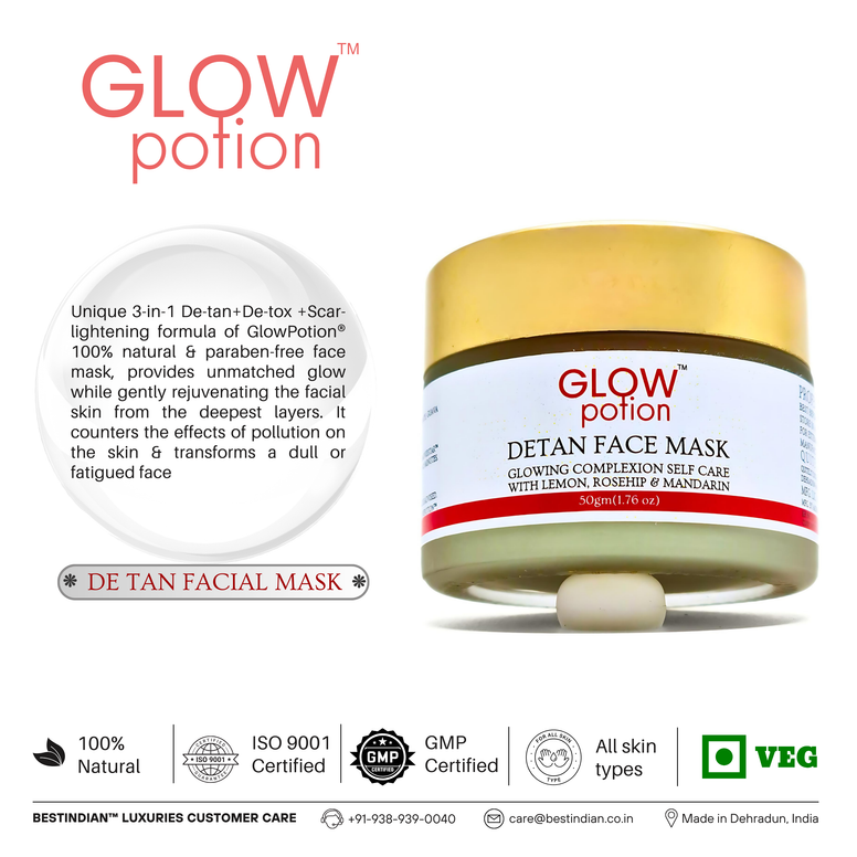 GlowPotion™ De-Tan Face Mask by BestIndian™, unique 3-in-1 formula for de-tan, detox, and scar-lightening, suitable for all skin types, providing gentle rejuvenation and pollution protection.