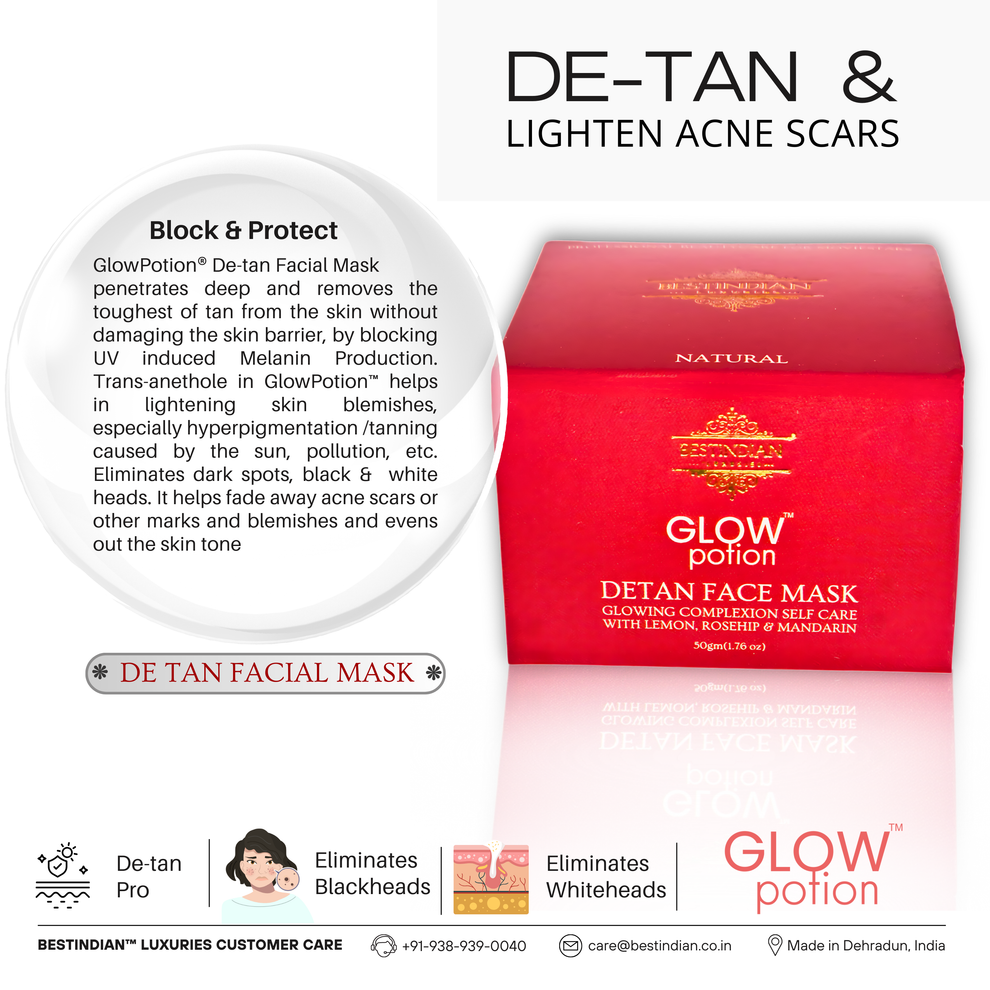 GlowPotion™ De-Tan Face Mask by BestIndian™, a natural, multani mitti face pack for dark spots, acne scars, and blackhead removal; delivers effective tan removal, brightening, and even skin tone.