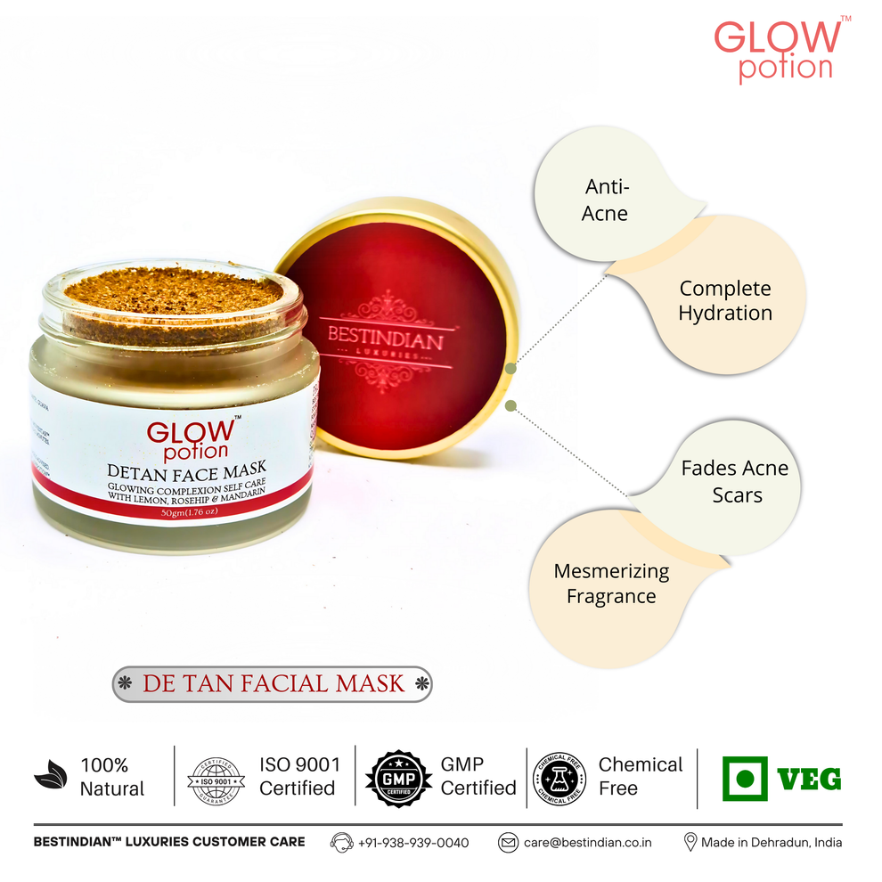 GlowPotion™ De-Tan Face Mask by BestIndian™, a 100% natural, ISO 9001 and GMP certified face mask for acne scars, complete hydration, and mesmerizing fragrance with lemon, rosehip, and mandarin.