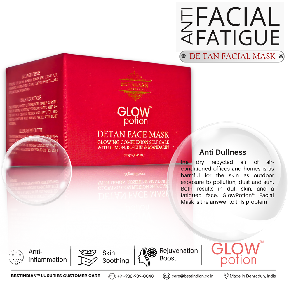 GlowPotion™ De-Tan Face Mask by BestIndian™, anti-facial fatigue treatment for dull skin caused by air-conditioned environments, pollution, and dust, providing anti-inflammation and rejuvenation boost.