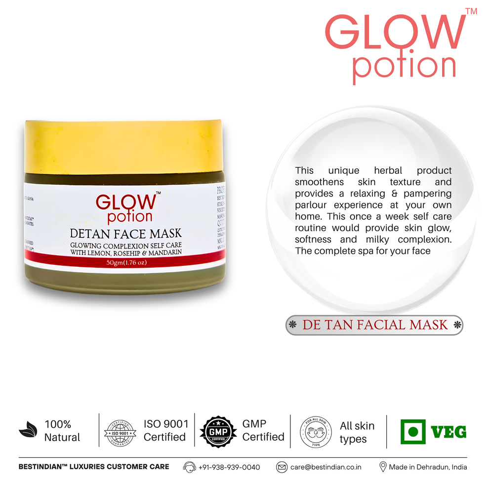 GlowPotion™ De-Tan Face Mask by BestIndian™, herbal at-home spa treatment providing relaxing, pampering experience for weekly face mask routine, smoothening skin texture and milky complexion.