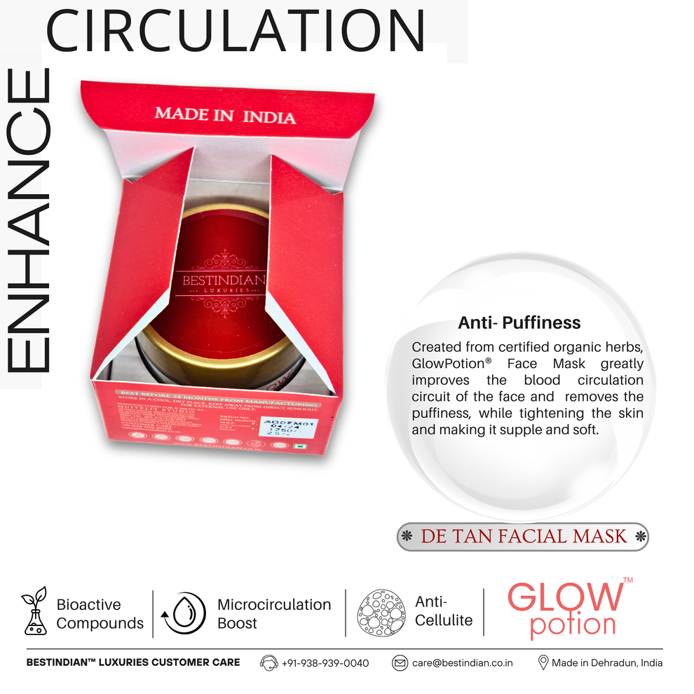 GlowPotion™ De-Tan Face Mask by BestIndian™, enhances circulation with bioactive compounds and microcirculation boost, featuring anti-puffiness and anti-cellulite properties for skin tightening face pack benefits.