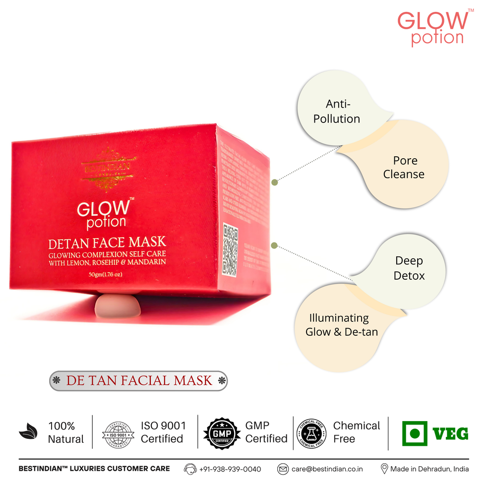 GlowPotion™ De-Tan Face Mask by BestIndian™, 100% natural, ISO 9001 certified, GMP certified face pack providing anti-pollution, pore cleanse, deep detox, and illuminating glow benefits for weekly face mask routine.
