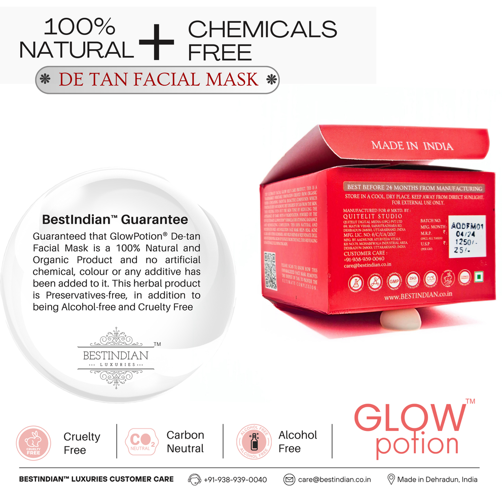 GlowPotion™ De-Tan Face Mask by BestIndian™, guaranteed 100% natural, organic, preservative-free, cruelty-free, carbon neutral, and alcohol-free herbal product made in India.