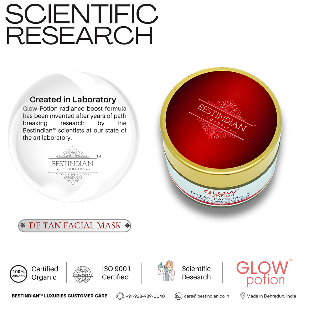 GlowPotion™ De-Tan Face Mask by BestIndian™, created through scientific research and laboratory innovation, a certified organic face pack for glowing skin with rejuvenating, detoxifying, and illuminating properties.