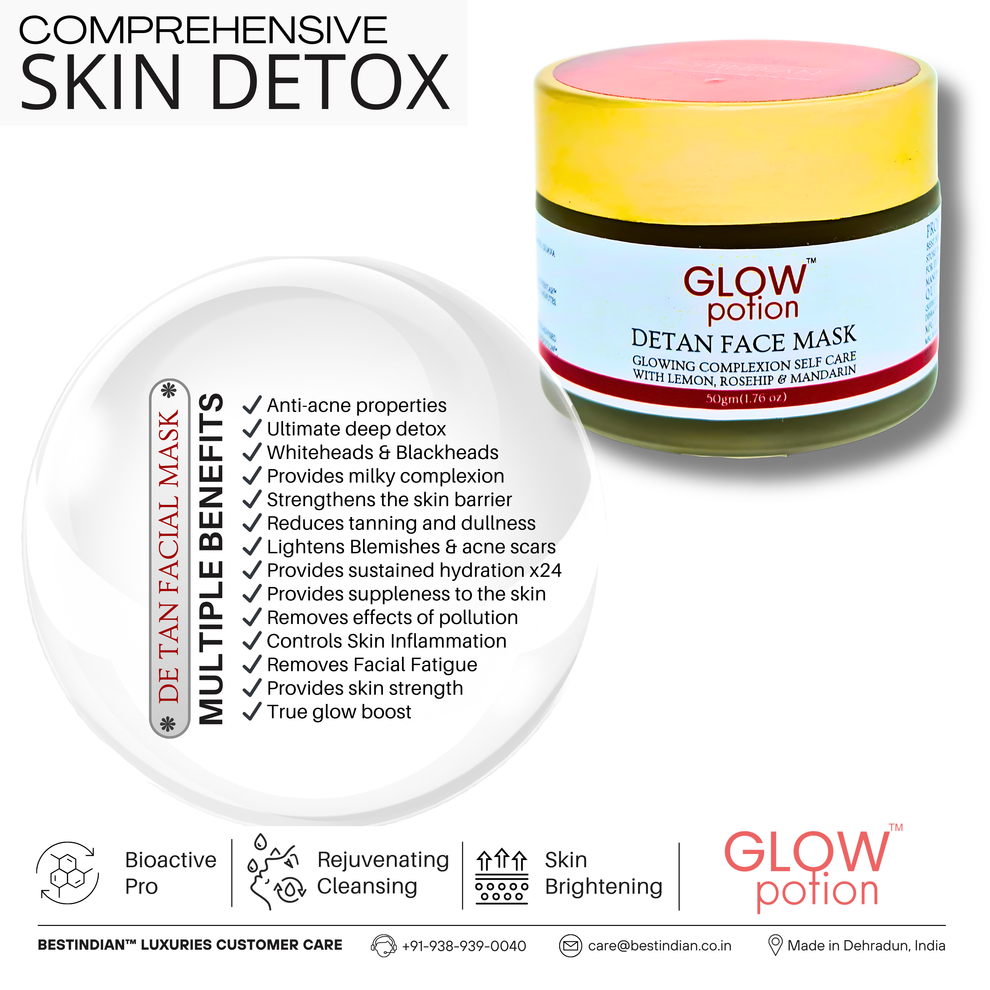 GlowPotion™ De-Tan Face Mask by BestIndian™, a comprehensive skin detox and rejuvenating cleansing face pack for glowing skin, ultimate deep detox, and anti-acne benefits using ayurvedic, organic ingredients.
