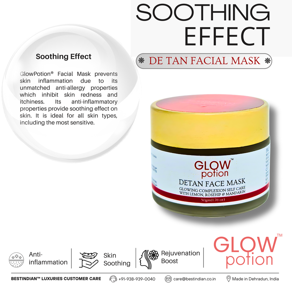 GlowPotion™ De-Tan Face Mask by BestIndian™, featuring soothing, anti-inflammatory properties with skin rejuvenation boost, ideal for all skin types including sensitive skin with natural ayurvedic herbs.