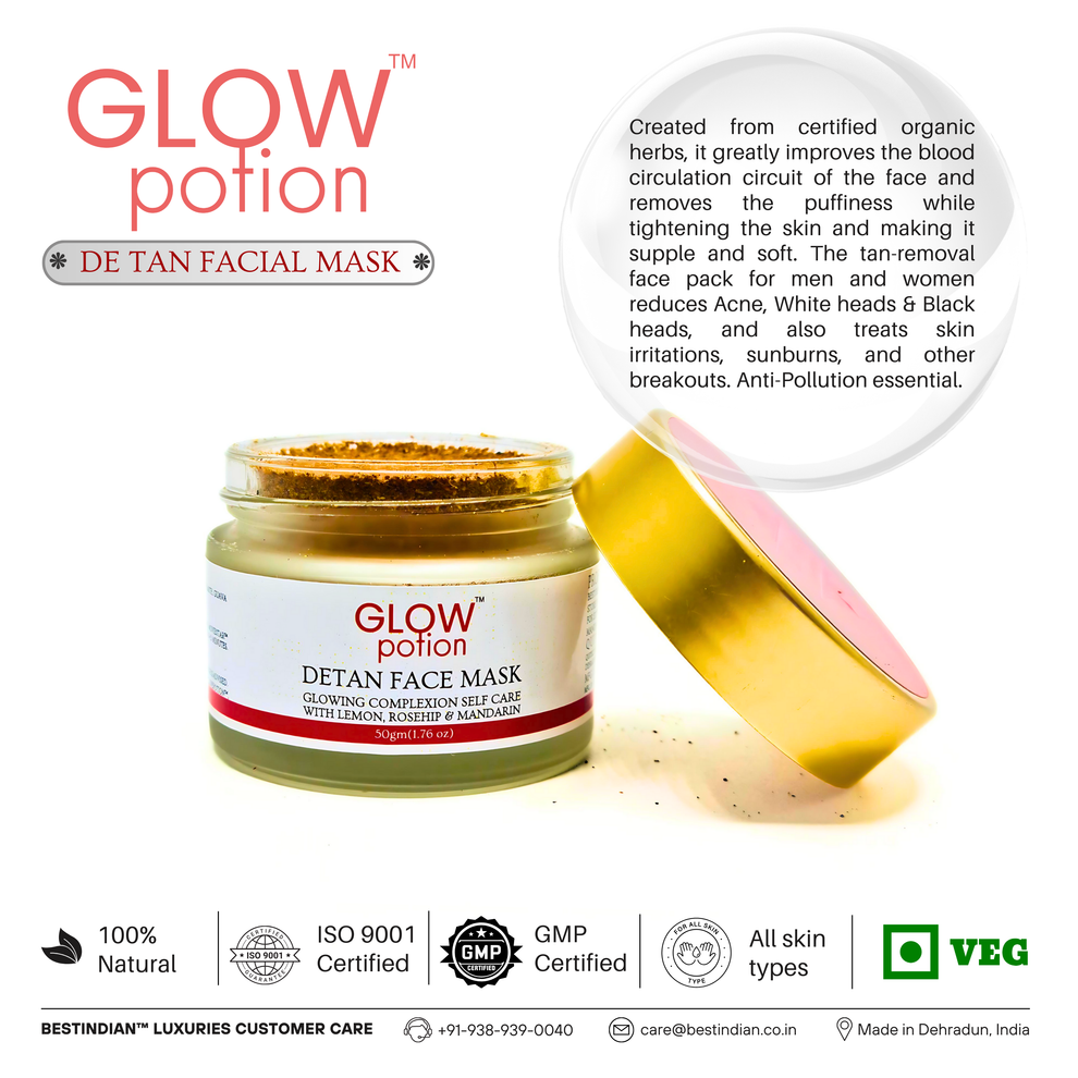GlowPotion™ De-Tan Face Mask by BestIndian™, certified organic face pack for tan removal, treating acne, whiteheads, blackheads, sunburns, and skin irritations with anti-pollution benefits.