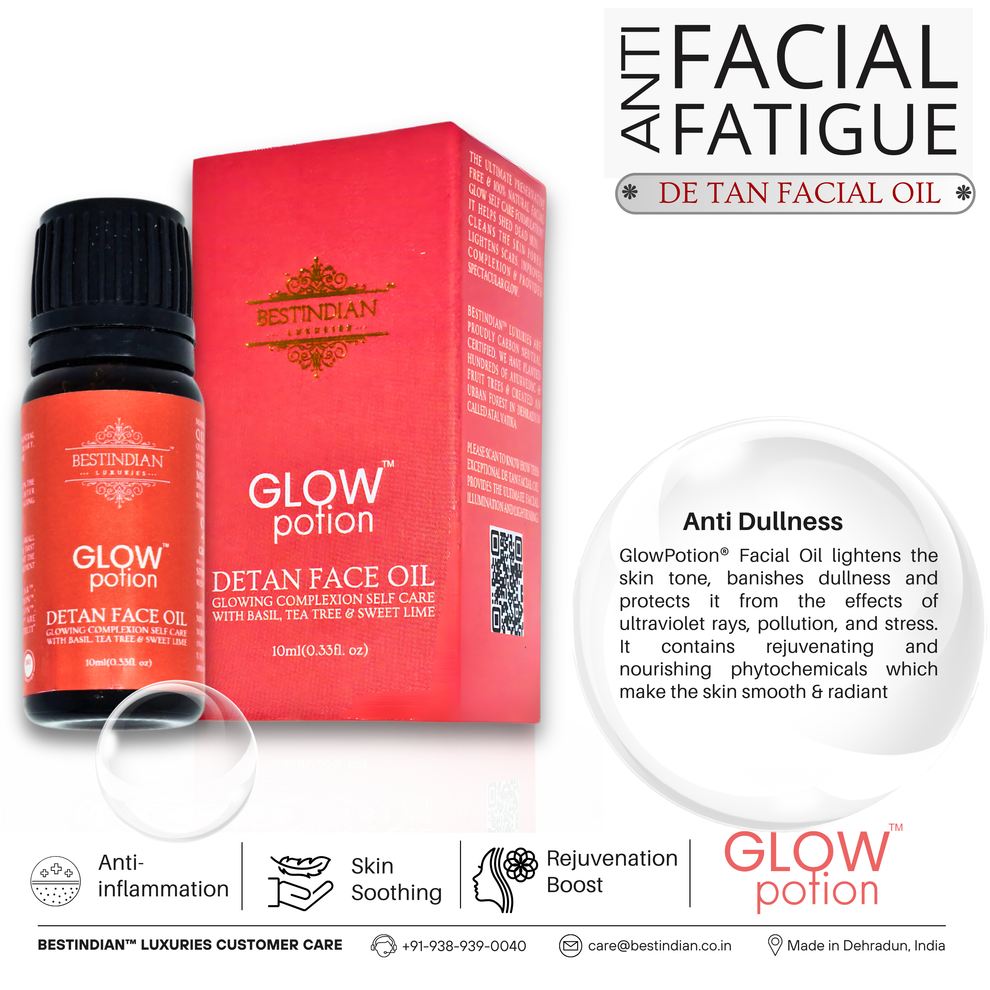 The complete product set of GlowPotion™ De-Tan Face Oil by BestIndian, featuring the dropper bottle and box, designed to combat anti-facial fatigue with rejuvenating phytochemicals for smooth, radiant skin texture.