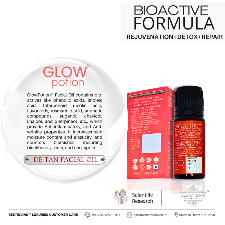 The bottle and packaging of GlowPotion™ De-Tan Face Oil by BestIndian, accompanied by ingredient details highlighting its bioactive, anti-inflammatory, and anti-wrinkle properties for nourishing and repairing the skin.