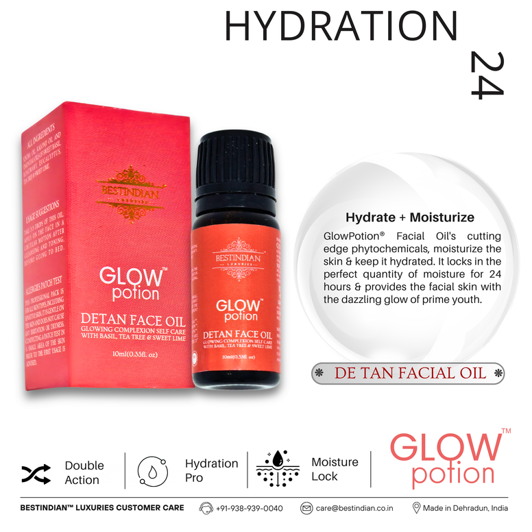 Two bottles of GlowPotion™ De-Tan Face Oil by BestIndian, showcasing its label and complete ingredient list, representing its 100% natural and chemical-free formulation, which is preservative-free, cruelty-free, and alcohol-free.