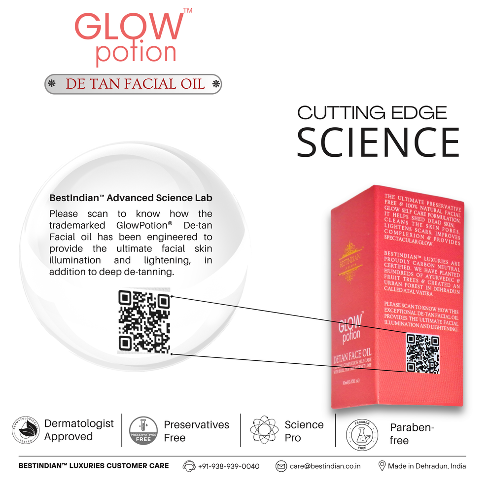 GlowPotion™ De-Tan Face Oil by BestIndian shown next to its packaging, with a QR code inviting users to explore the advanced science behind this ayurvedic, preservative-free facial oil for deep illumination and tan removal.